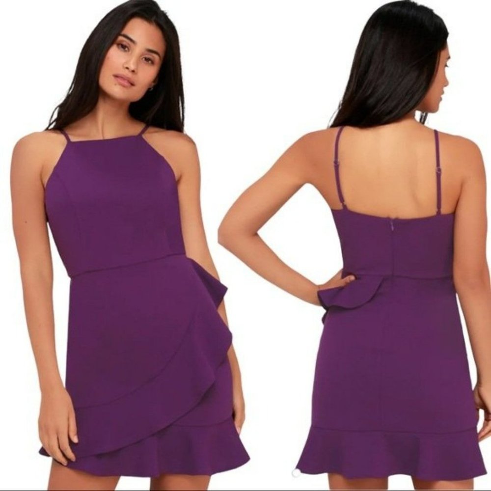Lulus Great Things Purple Ruffled Bodycon Mini Cocktail Dress Size L 677262